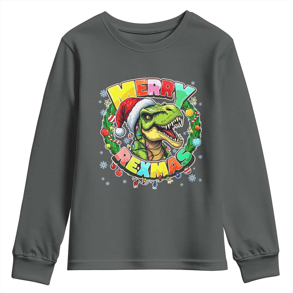 Funny Christmas Dinosaur Youth Sweatshirt Merry Rexmas Dino Xmas Wreath TS11 Dark Heather Print Your Wear