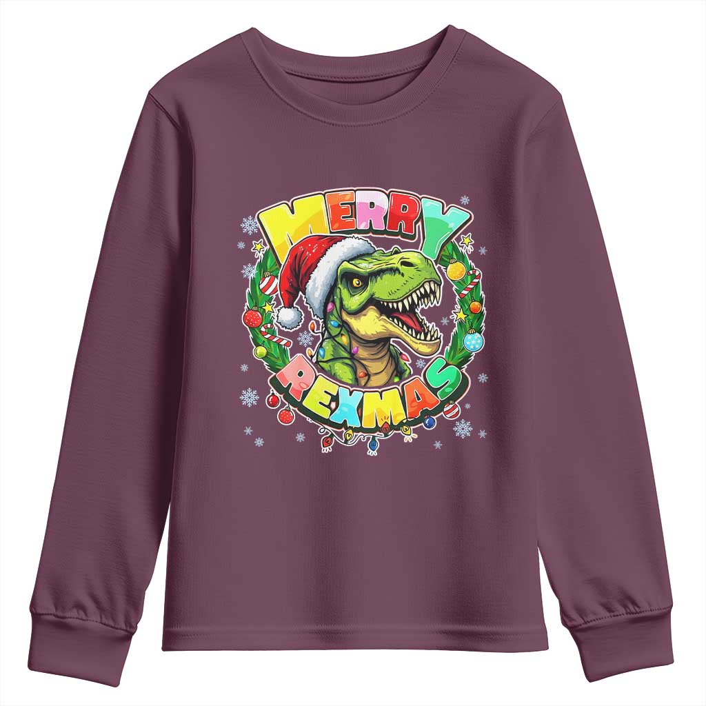 Funny Christmas Dinosaur Youth Sweatshirt Merry Rexmas Dino Xmas Wreath TS11 Maroon Print Your Wear