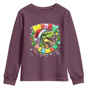 Funny Christmas Dinosaur Youth Sweatshirt Merry Rexmas Dino Xmas Wreath TS11 Maroon Print Your Wear