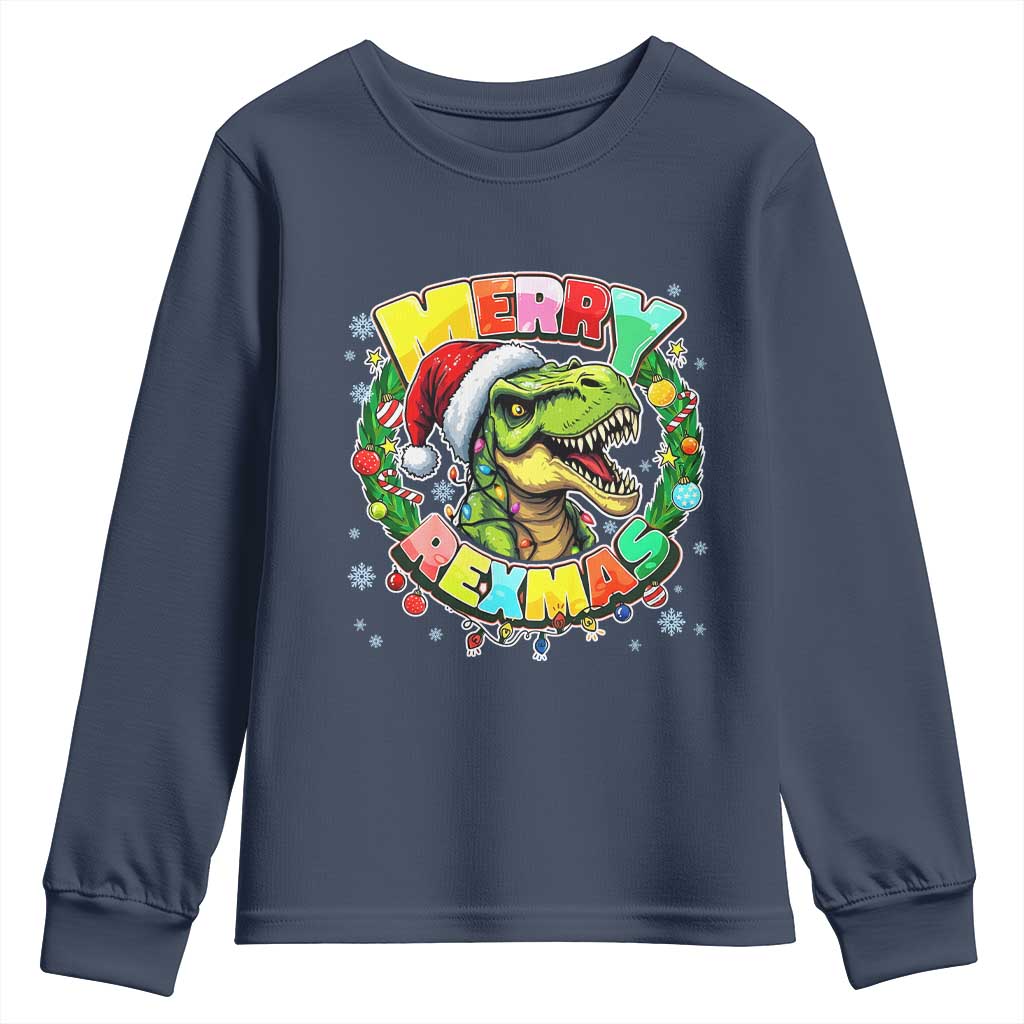 Funny Christmas Dinosaur Youth Sweatshirt Merry Rexmas Dino Xmas Wreath TS11 Navy Print Your Wear