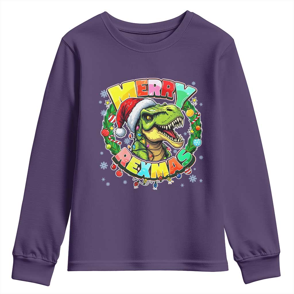 Funny Christmas Dinosaur Youth Sweatshirt Merry Rexmas Dino Xmas Wreath TS11 Purple Print Your Wear