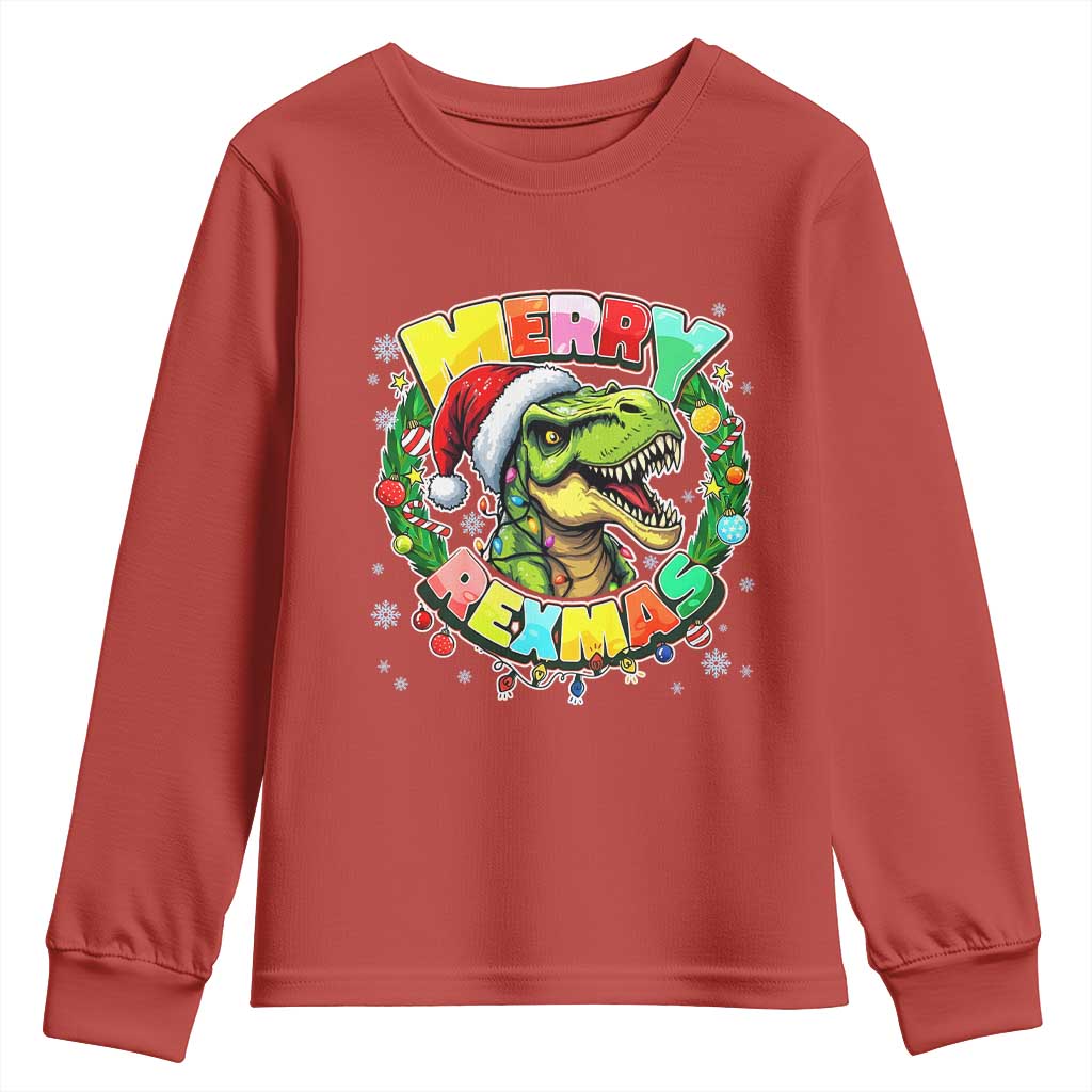 Funny Christmas Dinosaur Youth Sweatshirt Merry Rexmas Dino Xmas Wreath TS11 Red Print Your Wear