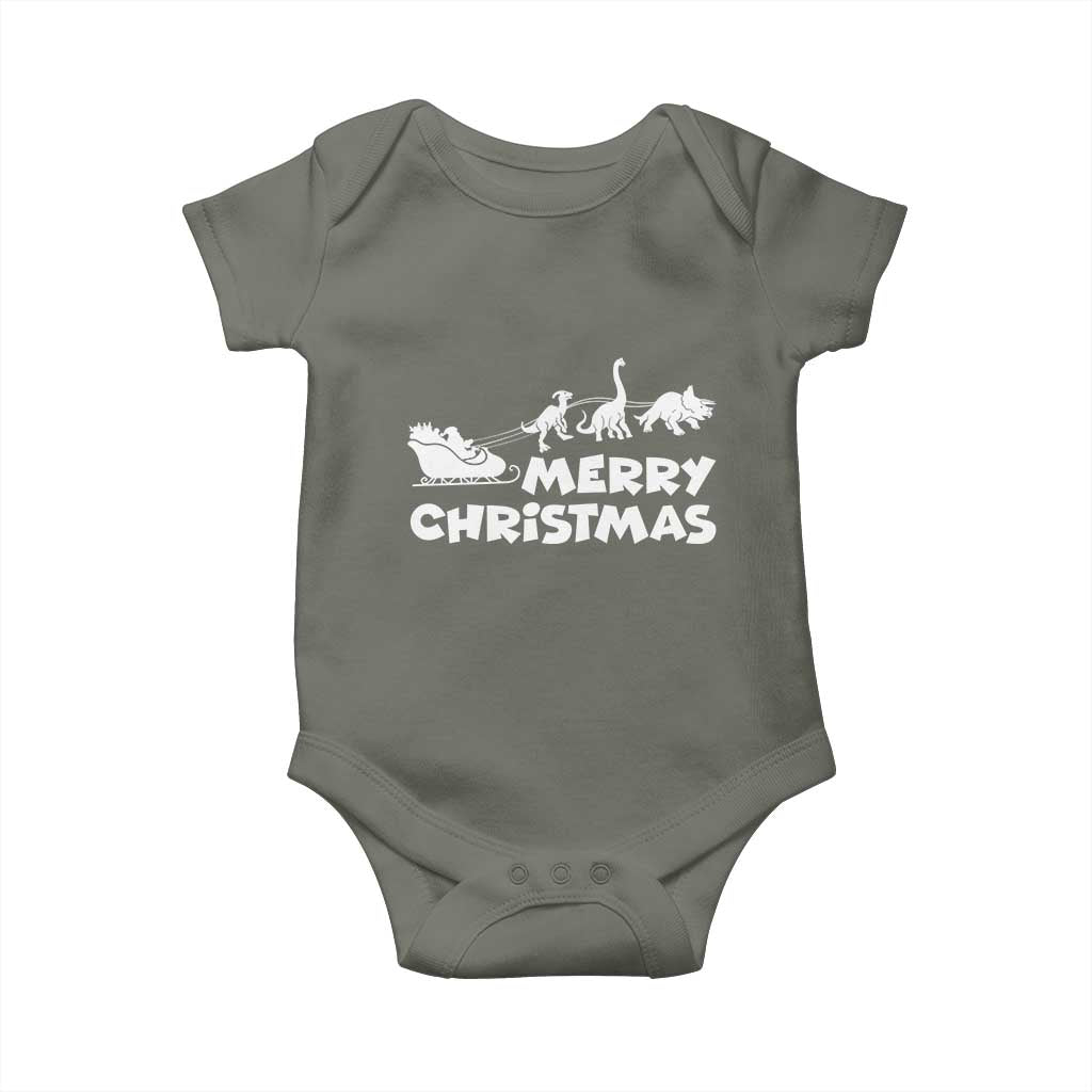Funny Xmas Dinosaur Baby Onesie Merry Christmas Dino Santa's Sleigh TS11 Military Green Print Your Wear