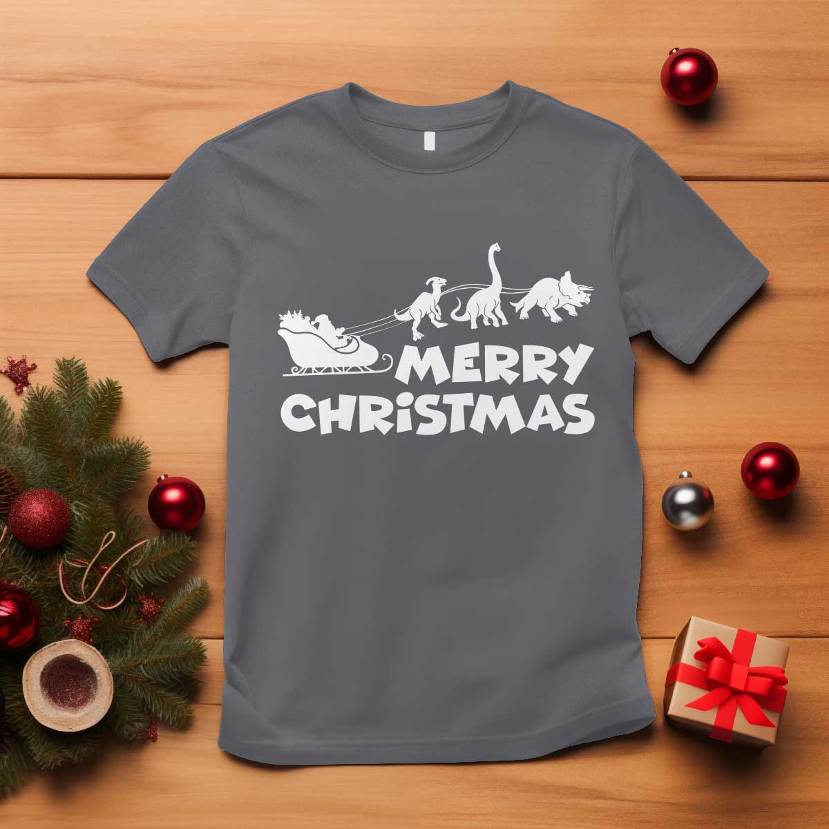 Funny Xmas Dinosaur T Shirt Merry Christmas Dino Santa's Sleigh TS11 Charcoal Print Your Wear