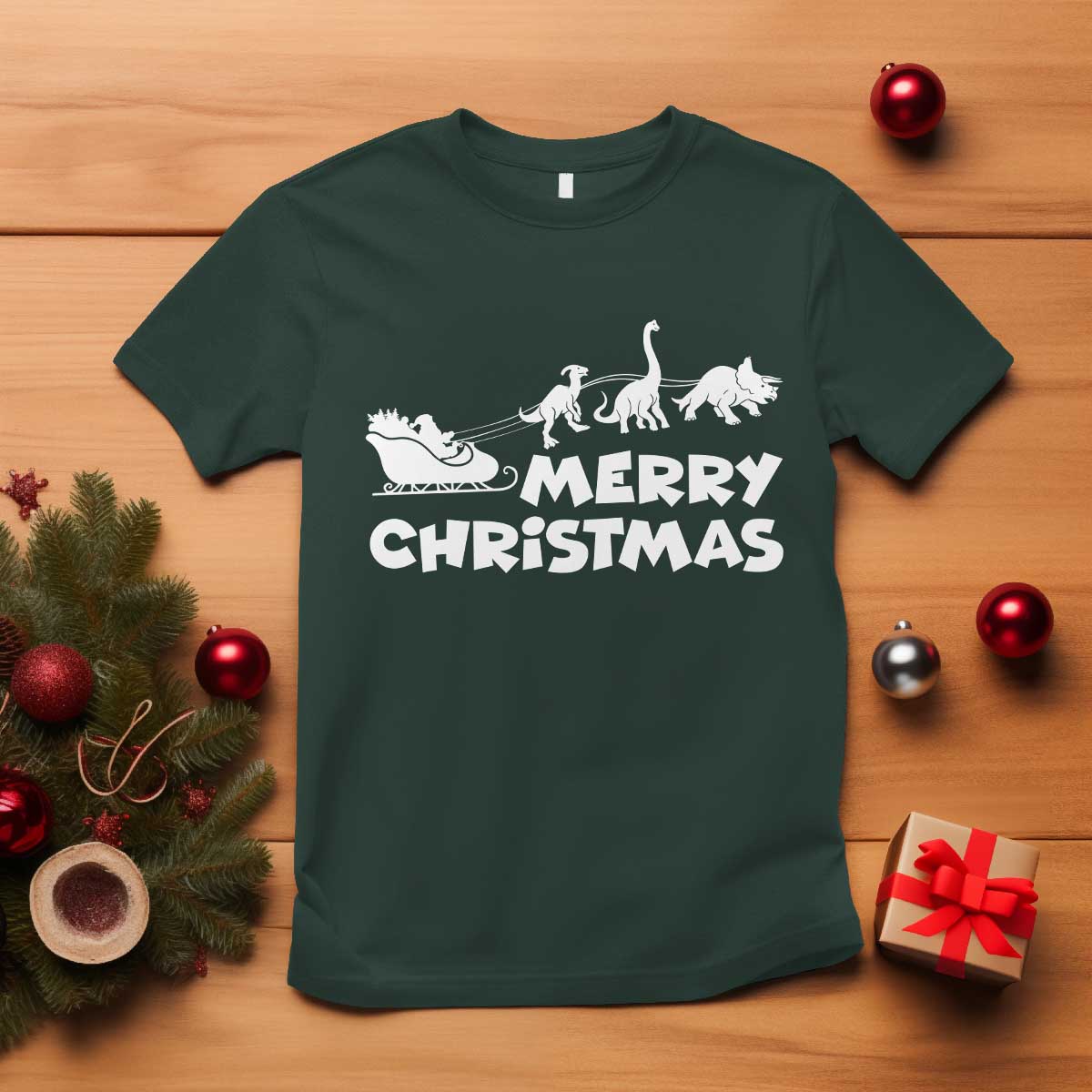 Funny Xmas Dinosaur T Shirt Merry Christmas Dino Santa's Sleigh TS11 Dark Forest Green Print Your Wear