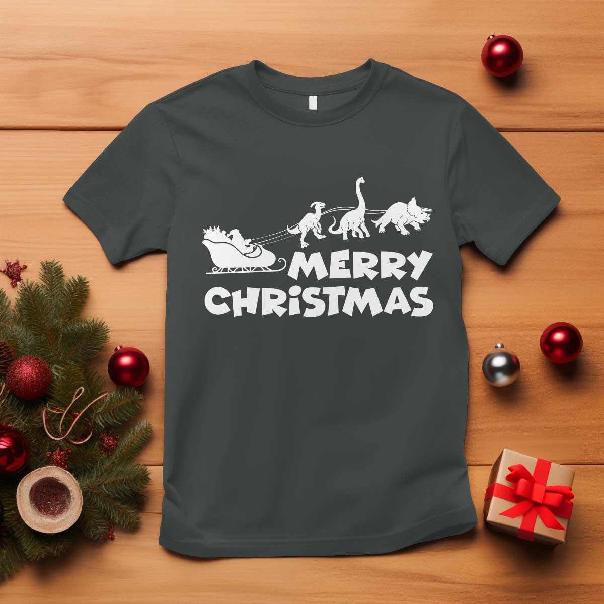 Funny Xmas Dinosaur T Shirt Merry Christmas Dino Santa's Sleigh TS11 Dark Heather Print Your Wear