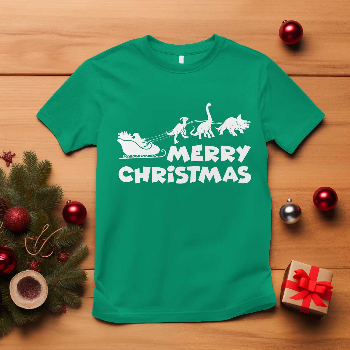 Funny Xmas Dinosaur T Shirt Merry Christmas Dino Santa's Sleigh TS11 Irish Green Print Your Wear