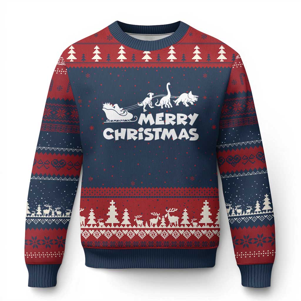 Funny Xmas Dinosaur Ugly Christmas Sweater Merry Christmas Dino Santa's Sleigh TS11 Navy Red Print Your Wear