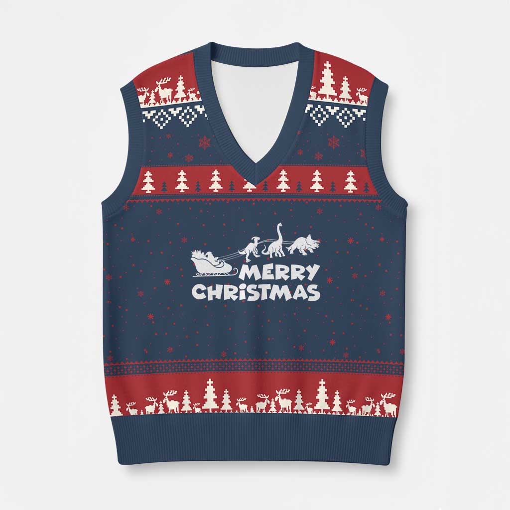 Funny Xmas Dinosaur V-Neck Knit Sweater Vest Merry Christmas Dino Santa's Sleigh TS11 Navy Red Print Your Wear