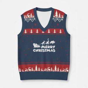 Funny Xmas Dinosaur V-Neck Knit Sweater Vest Merry Christmas Dino Santa's Sleigh TS11 Navy Red Print Your Wear