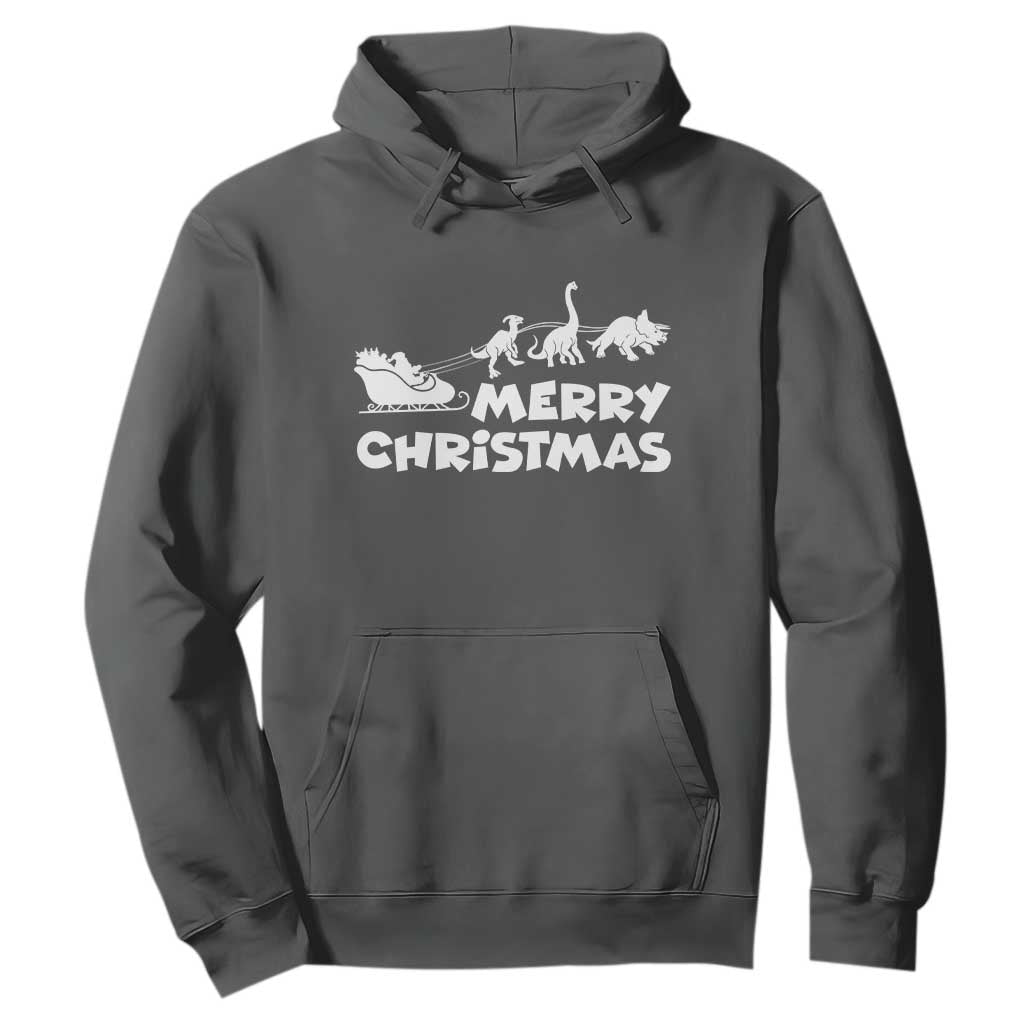 Funny Xmas Dinosaur Hoodie Merry Christmas Dino Santa's Sleigh TS11 Dark Heather Print Your Wear