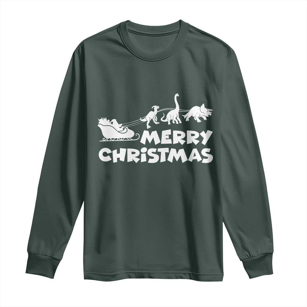 Funny Xmas Dinosaur Long Sleeve Shirt Merry Christmas Dino Santa's Sleigh TS11 Dark Forest Green Print Your Wear