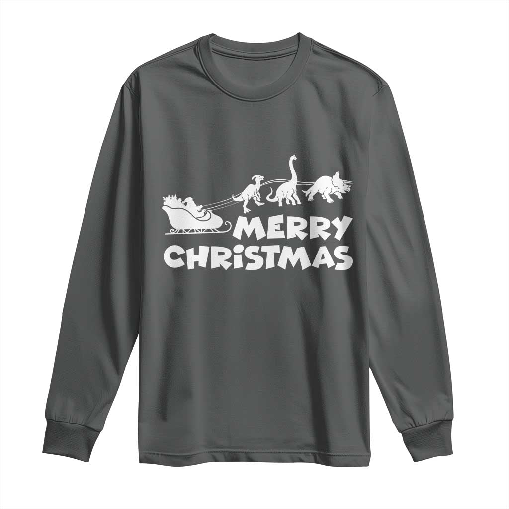 Funny Xmas Dinosaur Long Sleeve Shirt Merry Christmas Dino Santa's Sleigh TS11 Dark Heather Print Your Wear