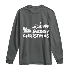 Funny Xmas Dinosaur Long Sleeve Shirt Merry Christmas Dino Santa's Sleigh TS11 Dark Heather Print Your Wear