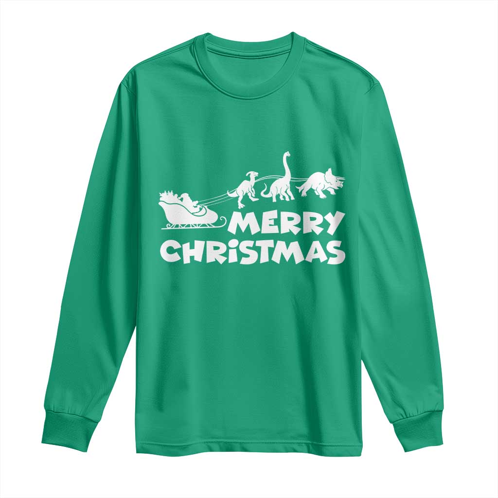 Funny Xmas Dinosaur Long Sleeve Shirt Merry Christmas Dino Santa's Sleigh TS11 Irish Green Print Your Wear