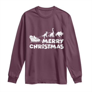 Funny Xmas Dinosaur Long Sleeve Shirt Merry Christmas Dino Santa's Sleigh TS11 Maroon Print Your Wear