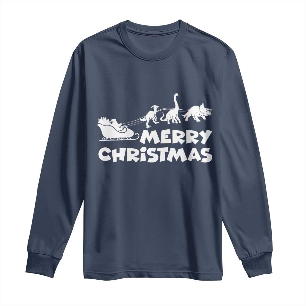 Funny Xmas Dinosaur Long Sleeve Shirt Merry Christmas Dino Santa's Sleigh TS11 Navy Print Your Wear