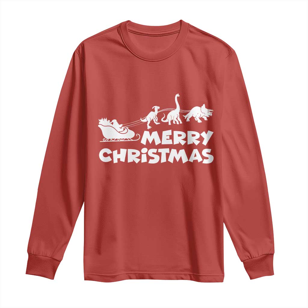 Funny Xmas Dinosaur Long Sleeve Shirt Merry Christmas Dino Santa's Sleigh TS11 Red Print Your Wear