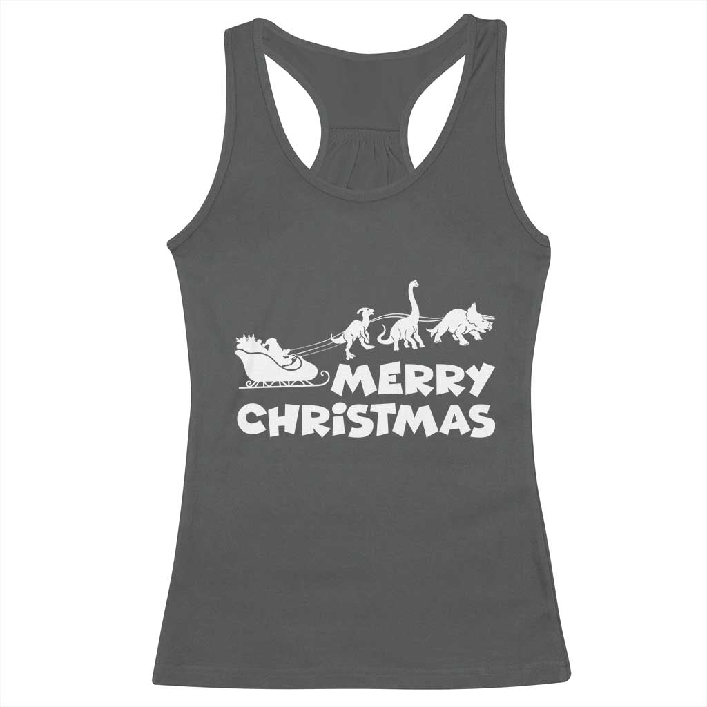 Funny Xmas Dinosaur Racerback Tank Top Merry Christmas Dino Santa's Sleigh TS11 Dark Heather Print Your Wear