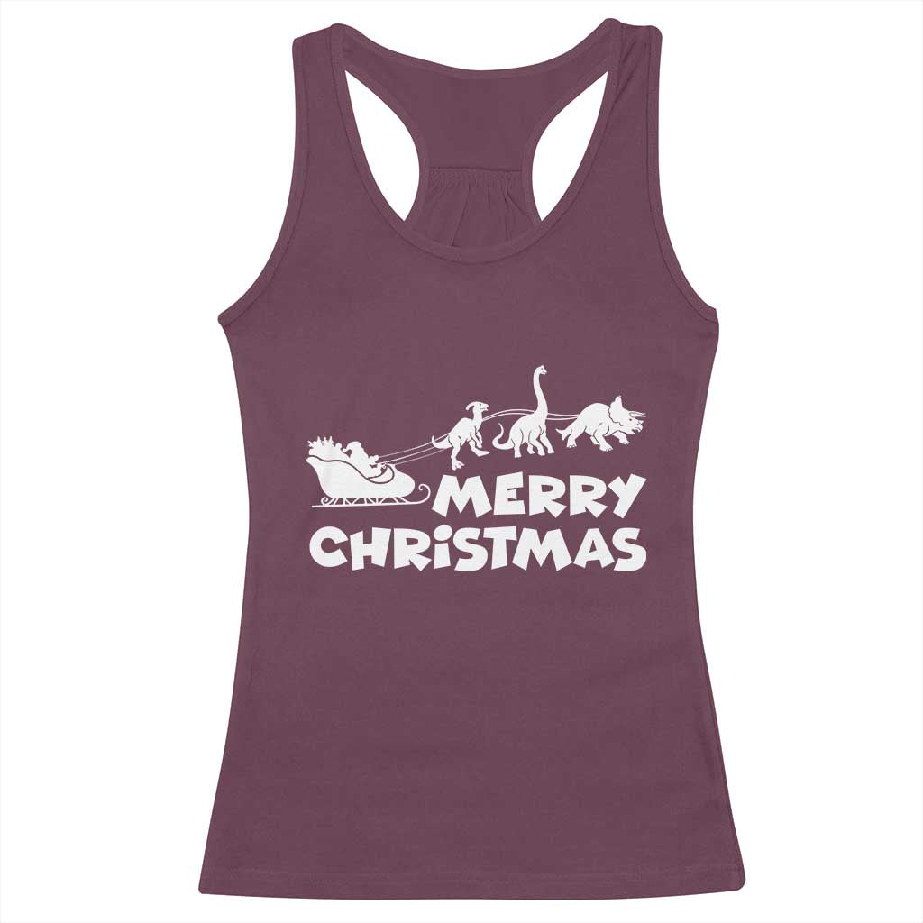 Funny Xmas Dinosaur Racerback Tank Top Merry Christmas Dino Santa's Sleigh TS11 Maroon Print Your Wear