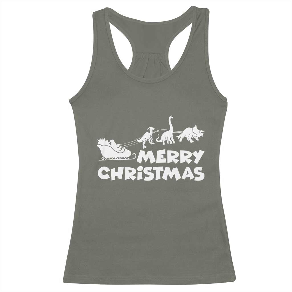 Funny Xmas Dinosaur Racerback Tank Top Merry Christmas Dino Santa's Sleigh TS11 Military Green Print Your Wear