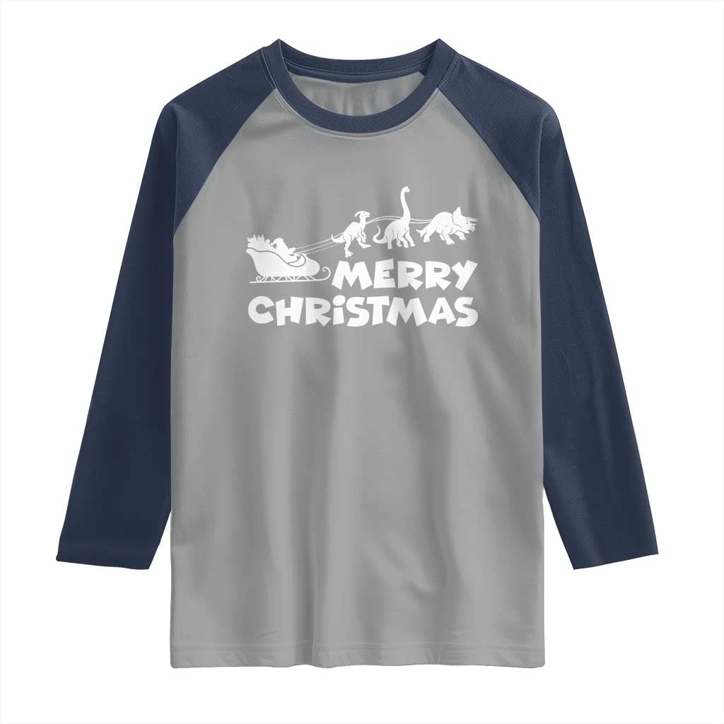 Funny Xmas Dinosaur Raglan Shirt Merry Christmas Dino Santa's Sleigh TS11 Sport Gray Navy Print Your Wear