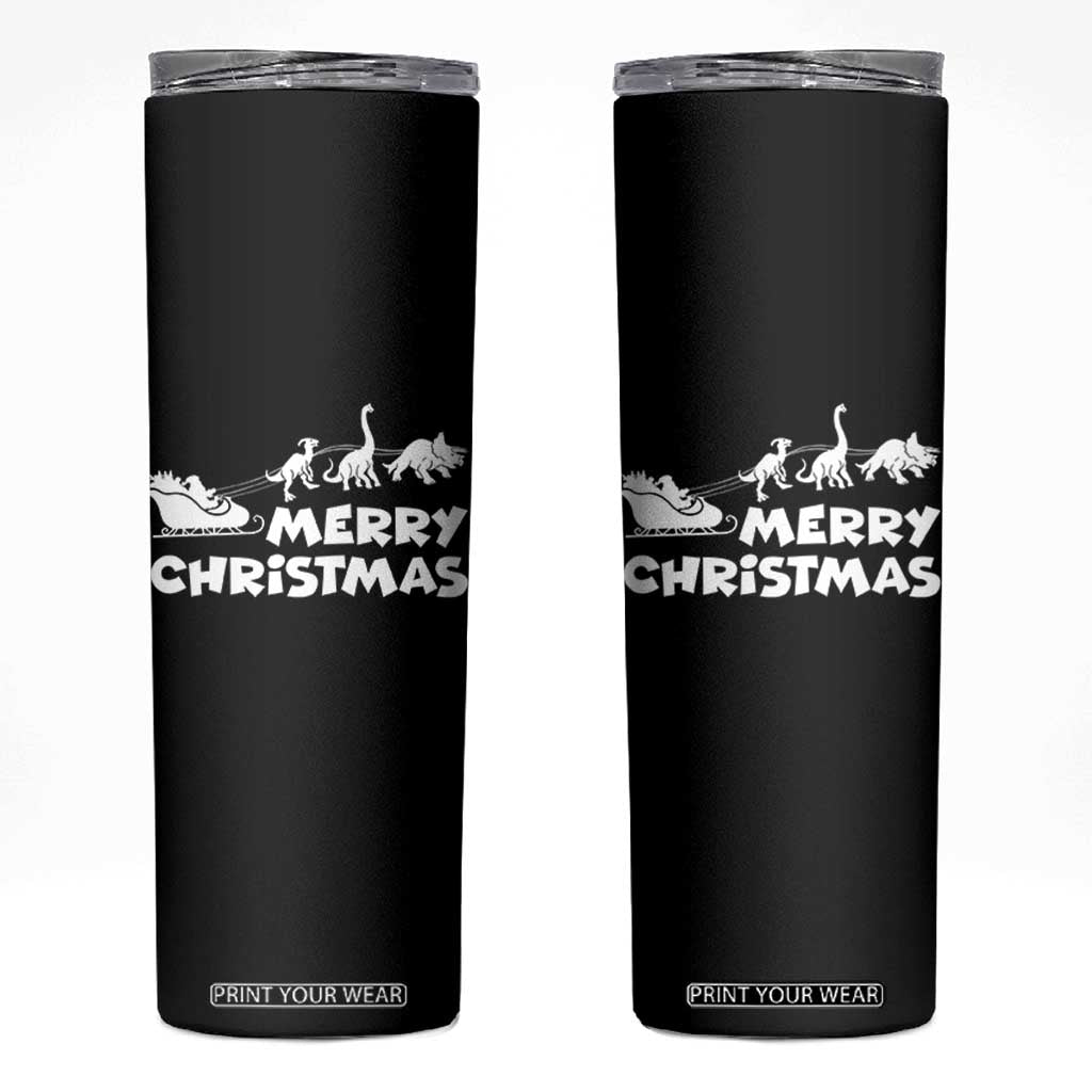 Funny Xmas Dinosaur Skinny Tumbler Merry Christmas Dino Santa's Sleigh TS11 Black Print Your Wear