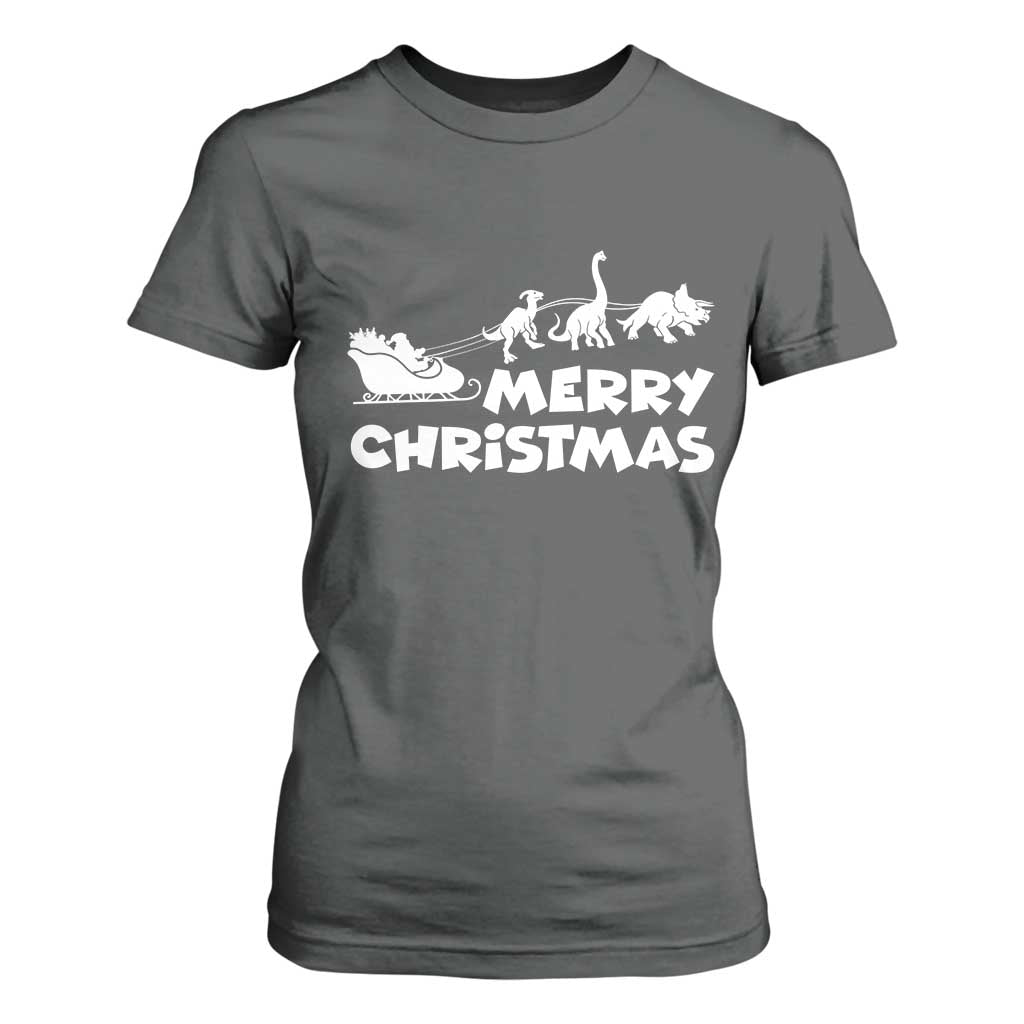 Funny Xmas Dinosaur T Shirt For Women Merry Christmas Dino Santa's Sleigh TS11 Dark Heather Print Your Wear