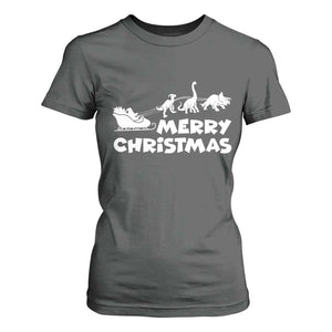 Funny Xmas Dinosaur T Shirt For Women Merry Christmas Dino Santa's Sleigh TS11 Dark Heather Print Your Wear