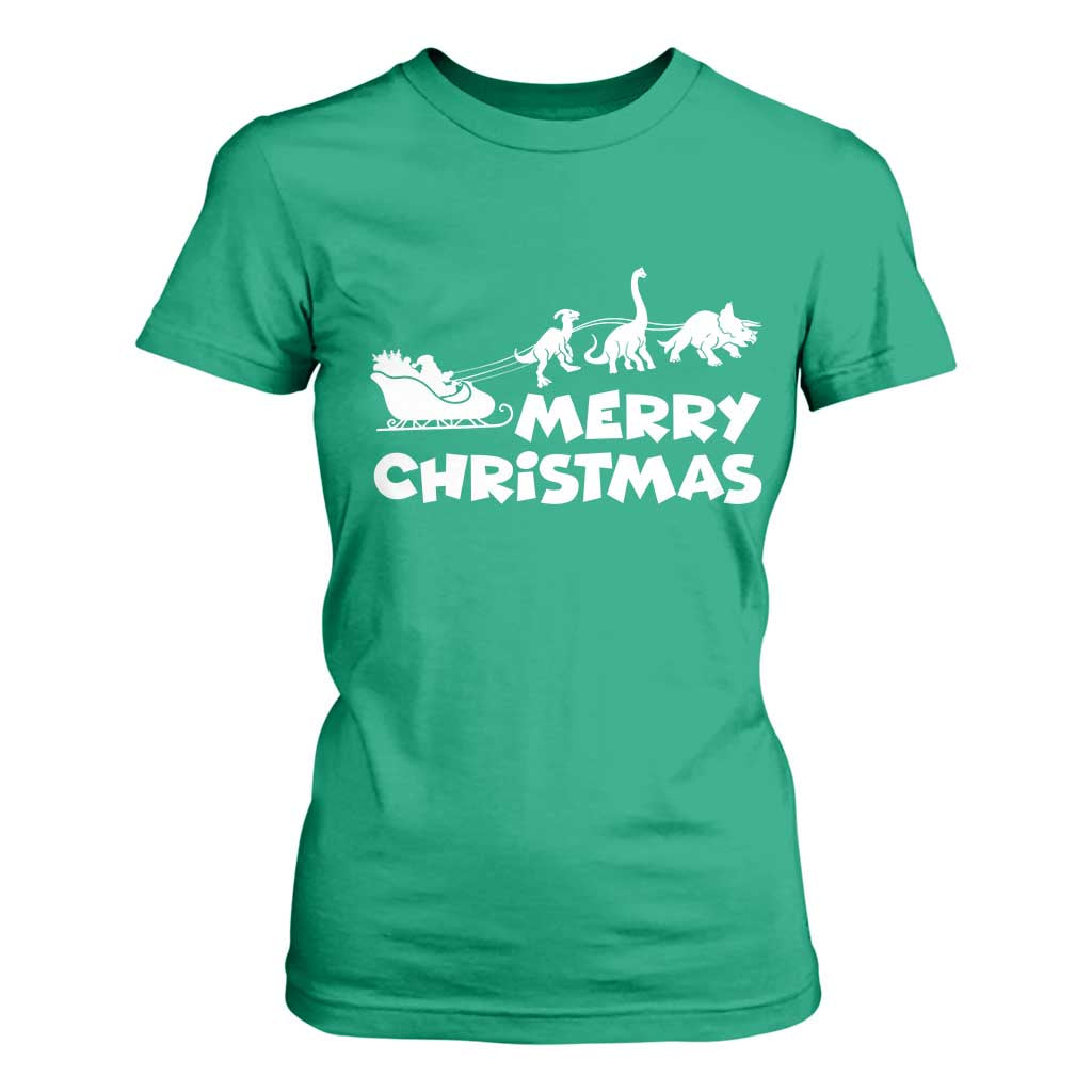 Funny Xmas Dinosaur T Shirt For Women Merry Christmas Dino Santa's Sleigh TS11 Irish Green Print Your Wear