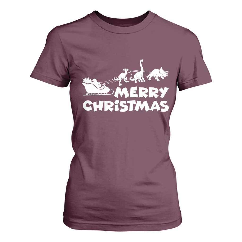 Funny Xmas Dinosaur T Shirt For Women Merry Christmas Dino Santa's Sleigh TS11 Maroon Print Your Wear