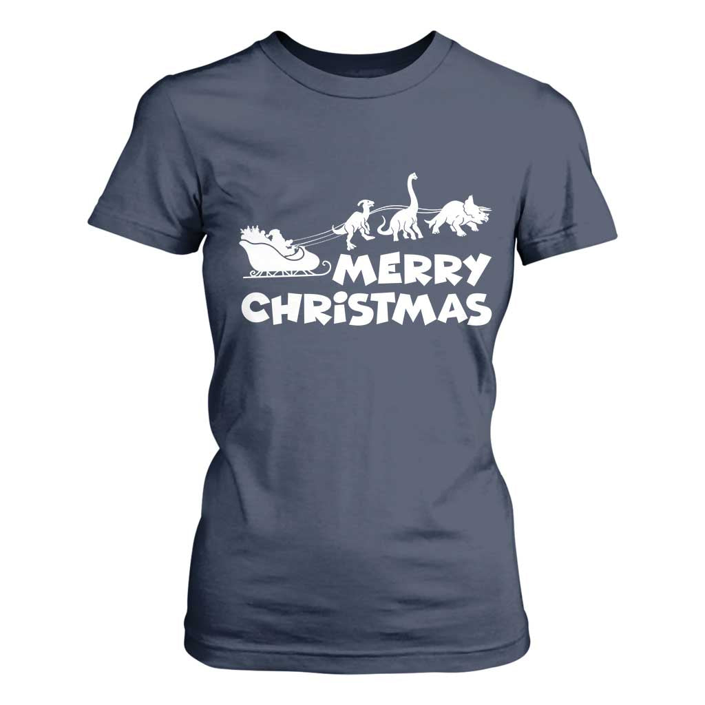 Funny Xmas Dinosaur T Shirt For Women Merry Christmas Dino Santa's Sleigh TS11 Navy Print Your Wear