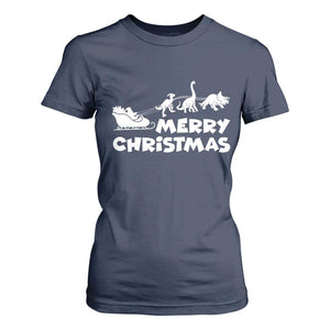 Funny Xmas Dinosaur T Shirt For Women Merry Christmas Dino Santa's Sleigh TS11 Navy Print Your Wear