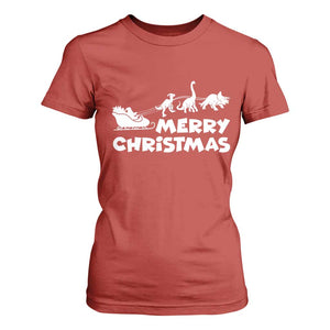 Funny Xmas Dinosaur T Shirt For Women Merry Christmas Dino Santa's Sleigh TS11 Red Print Your Wear