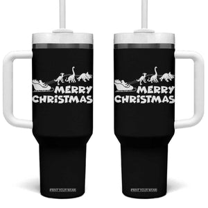 Funny Xmas Dinosaur Tumbler With Handle Merry Christmas Dino Santa's Sleigh TS11 One Size: 40 oz Black Print Your Wear