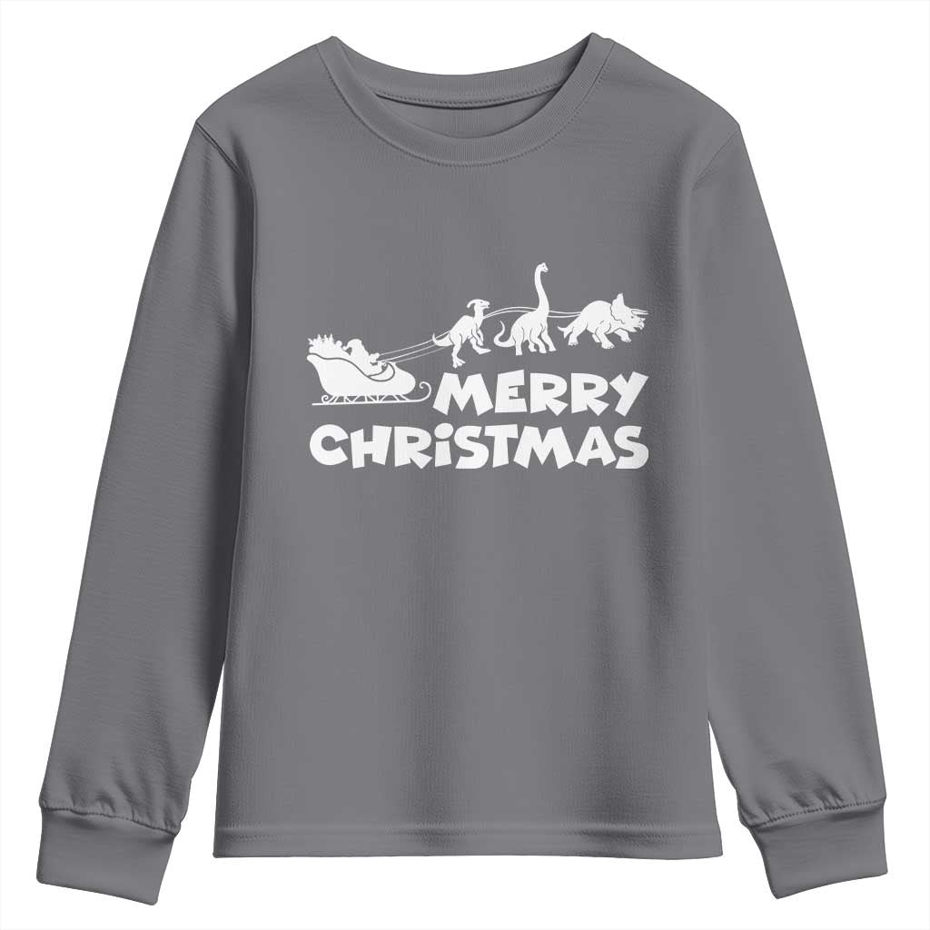 Funny Xmas Dinosaur Youth Sweatshirt Merry Christmas Dino Santa's Sleigh TS11 Charcoal Print Your Wear