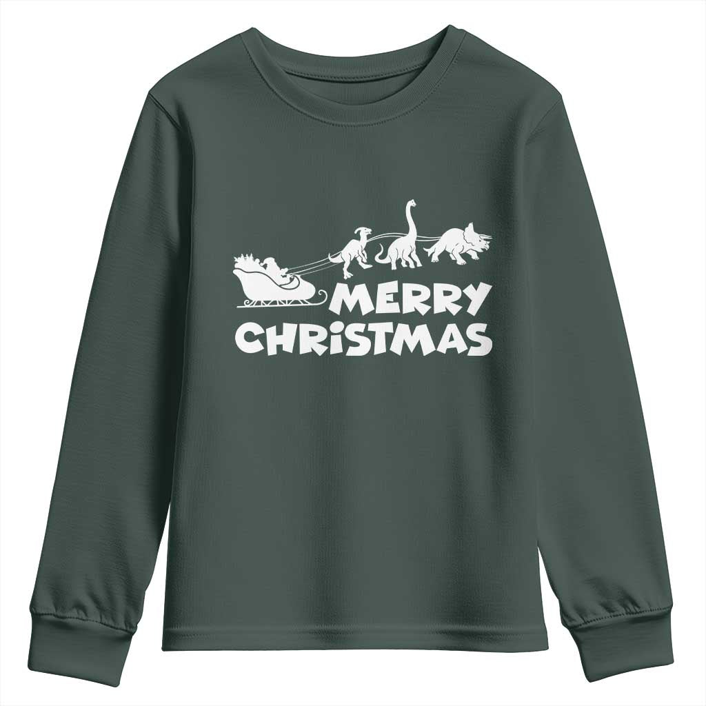 Funny Xmas Dinosaur Youth Sweatshirt Merry Christmas Dino Santa's Sleigh TS11 Dark Forest Green Print Your Wear