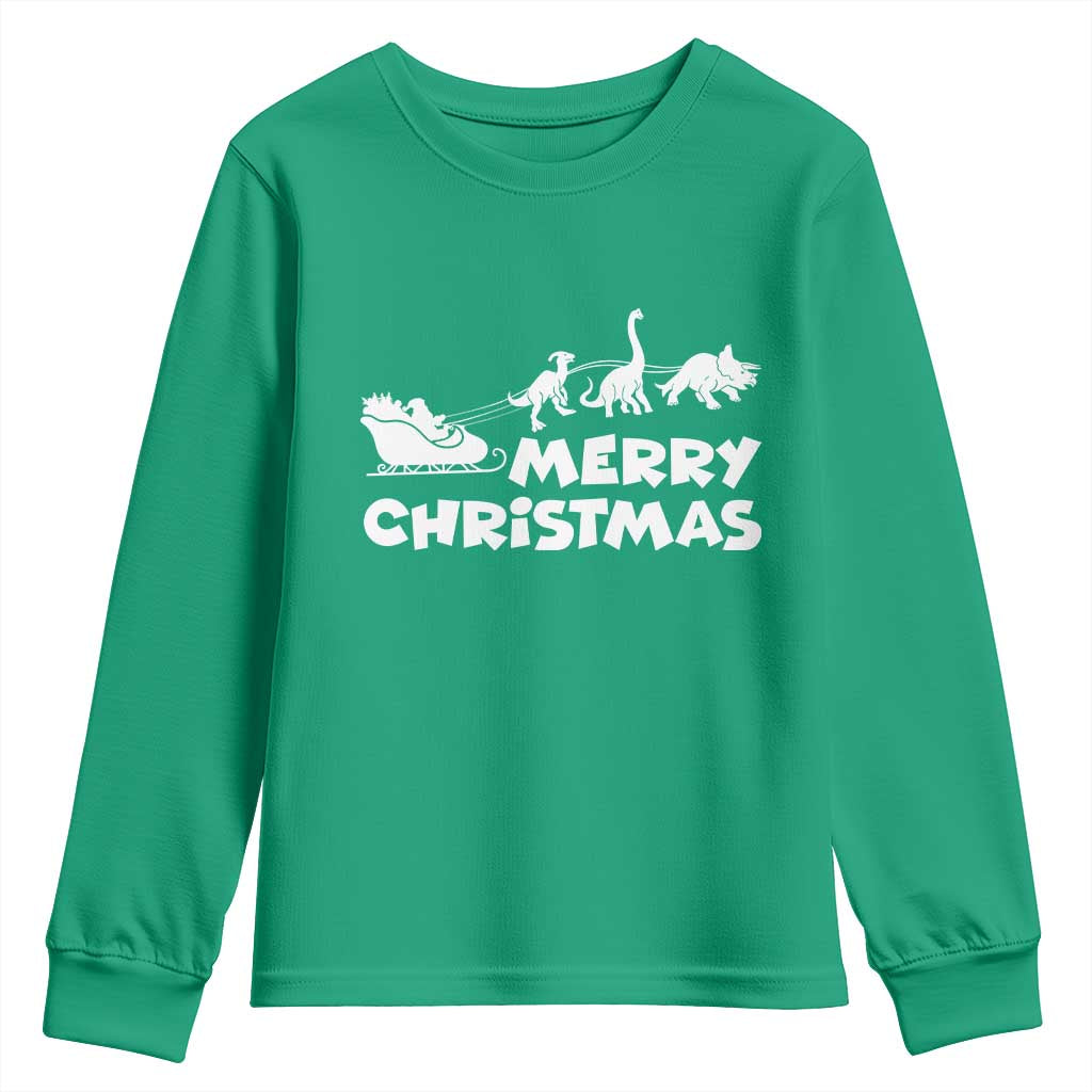 Funny Xmas Dinosaur Youth Sweatshirt Merry Christmas Dino Santa's Sleigh TS11 Irish Green Print Your Wear