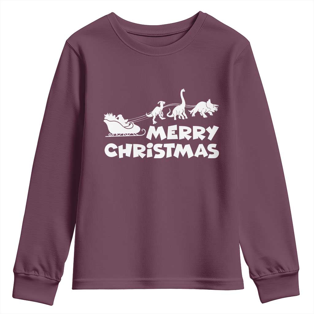 Funny Xmas Dinosaur Youth Sweatshirt Merry Christmas Dino Santa's Sleigh TS11 Maroon Print Your Wear