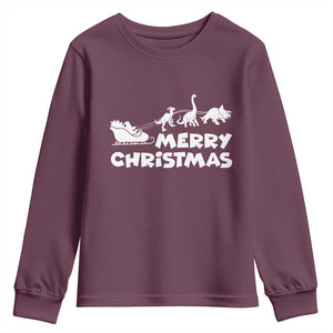 Funny Xmas Dinosaur Youth Sweatshirt Merry Christmas Dino Santa's Sleigh TS11 Maroon Print Your Wear