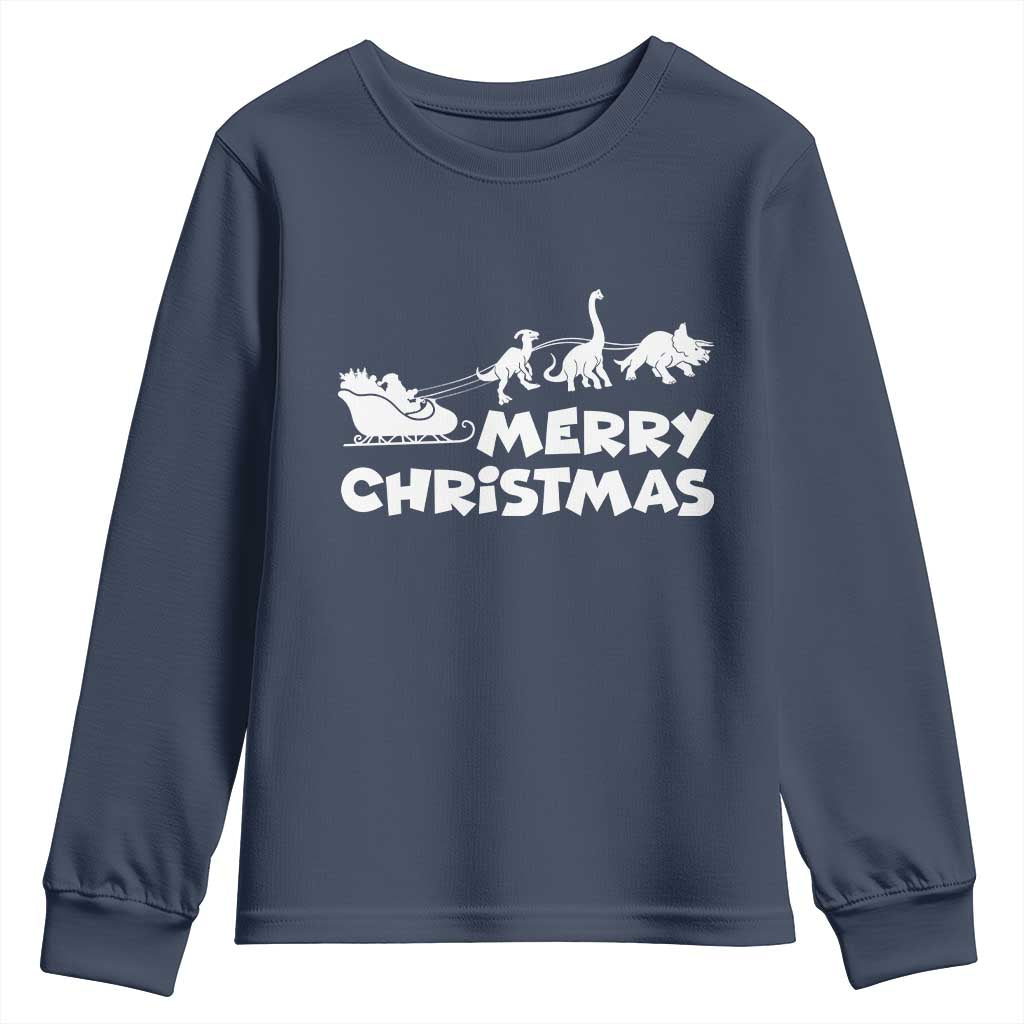Funny Xmas Dinosaur Youth Sweatshirt Merry Christmas Dino Santa's Sleigh TS11 Navy Print Your Wear
