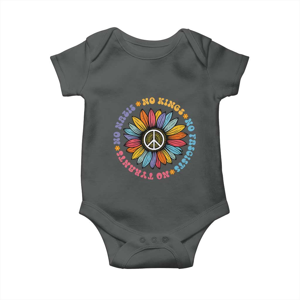 No Kings No Fascists No Tyrants No Nazis Baby Onesie Peace Floral Sunflower TS11 Dark Heather Print Your Wear