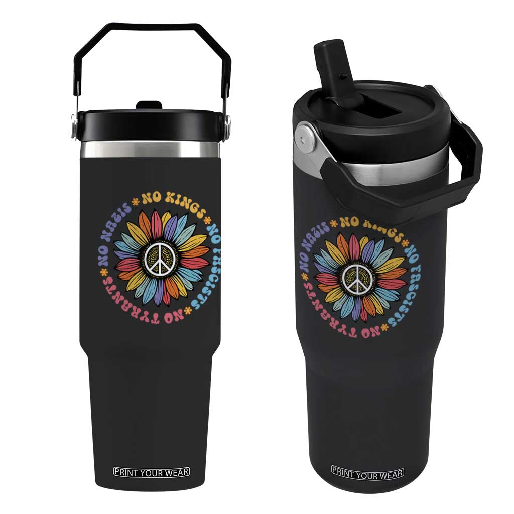 No Kings No Fascists No Tyrants No Nazis Flip Straw Tumbler Peace Floral Sunflower - Print Your Wear