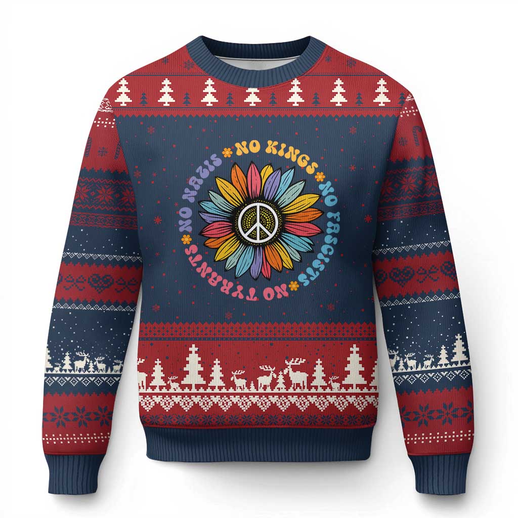 No Kings No Fascists No Tyrants No Nazis Ugly Christmas Sweater Peace Floral Sunflower TS11 Navy Red Print Your Wear