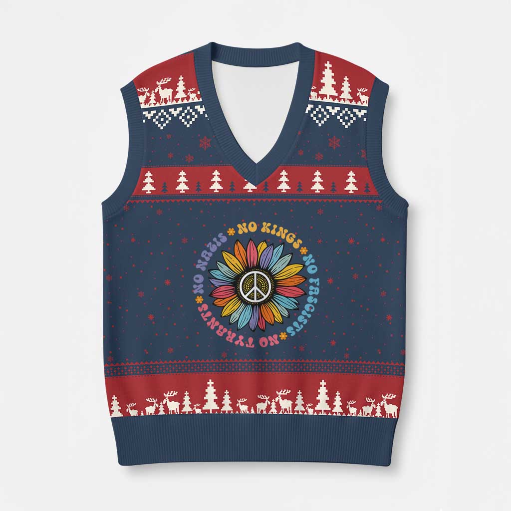 No Kings No Fascists No Tyrants No Nazis V-Neck Knit Sweater Vest Peace Floral Sunflower - Print Your Wear