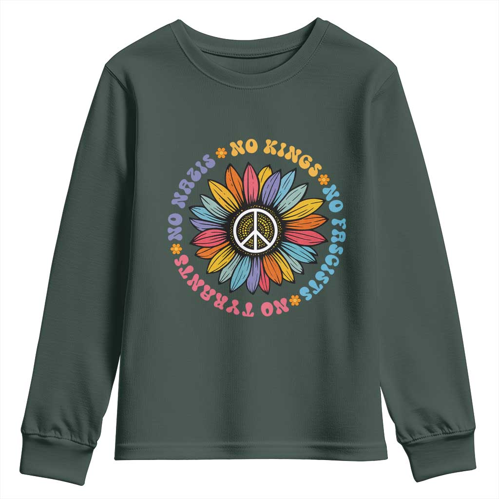 No Kings No Fascists No Tyrants No Nazis Youth Sweatshirt Peace Floral Sunflower TS11 Dark Forest Green Print Your Wear