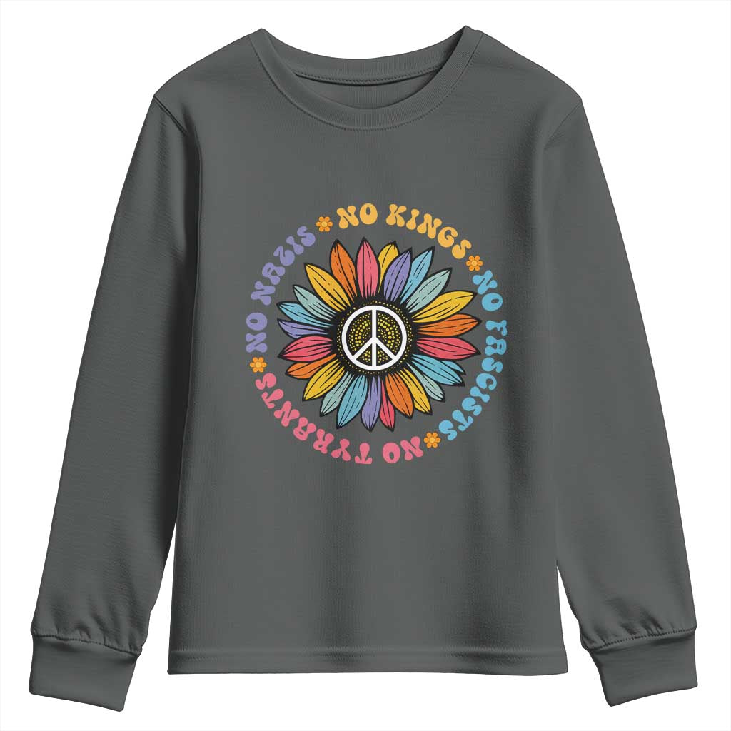No Kings No Fascists No Tyrants No Nazis Youth Sweatshirt Peace Floral Sunflower TS11 Dark Heather Print Your Wear