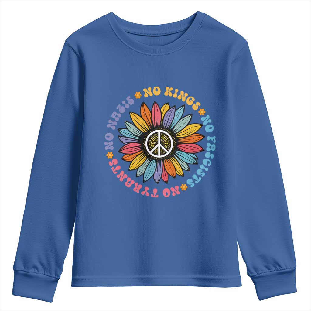 No Kings No Fascists No Tyrants No Nazis Youth Sweatshirt Peace Floral Sunflower TS11 Royal Blue Print Your Wear