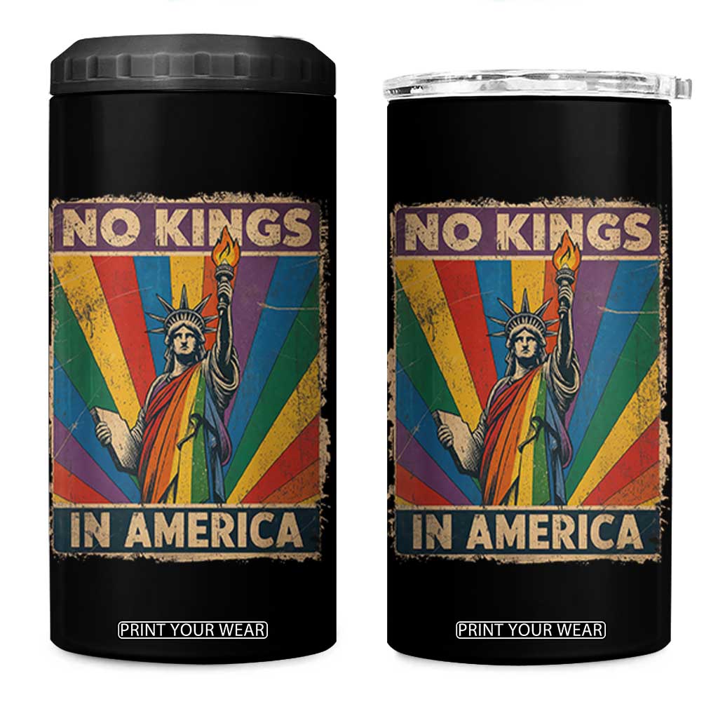 Funny No Kings In America LGBT 4 in 1 Can Cooler Tumbler Retro Statue Of Liberty - Print Your Wear