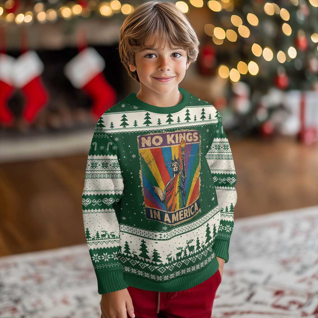 Funny No Kings In America LGBT Ugly Christmas Sweater Retro Statue Of Liberty TS11 Forest Green Beige Print Your Wear